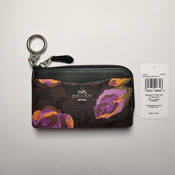 NWT Coach CL667 Multifunction Card Case Signature Canvas Iris Rose Print - Picture 1 of 4